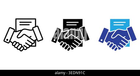 A collection of professional handshake icons depicting a successful business agreement, contract signing, or partnership deal in outline, solid, and c Stock Vector