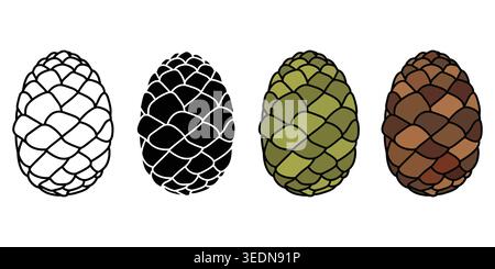 A collection of four pine cone vector icons featuring outline, silhouette, green, and brown textured styles, perfect for nature and forest design proj Stock Vector