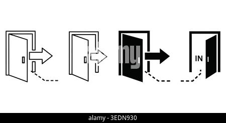 A collection of simple vector icons depicting doors with arrows representing entering and exiting paths, perfect for signage, navigation, and web desi Stock Vector