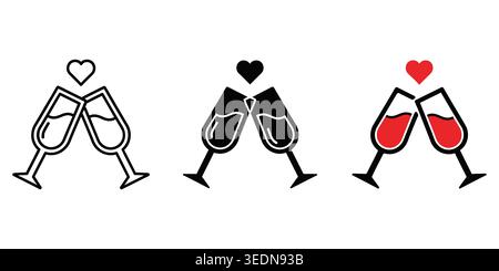 A collection of three simple vector icons showing two champagne flutes clinking together with a heart symbol, perfect for wedding, anniversary, or rom Stock Vector