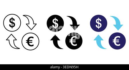 A collection of money exchange icons showing dollar and euro symbols with rotating arrows, representing financial transactions, trading, and currency Stock Vector