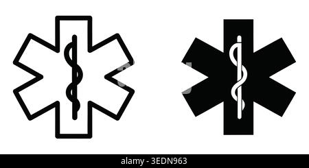 Two variations of the medical star of life symbol, featuring both solid black and outline designs for healthcare, emergency services, and medical bran Stock Vector