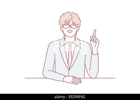 Inspired man manager pointing finger up while coming up with idea to increase company profits. Guy in business suit raises hand and wants to speak during meeting with colleagues. Flat vector design Stock Vector