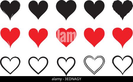 Diverse set of fifteen heart icons displaying different styles including solid black, solid red, and simple outlines, representing affection and passi Stock Vector