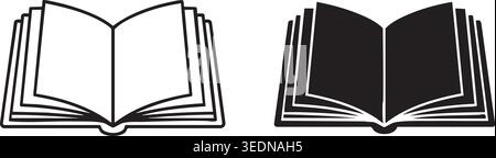 Vector set of open books in solid black and outlined styles. Representing knowledge and literature. Suitable for library and school design elements on Stock Vector
