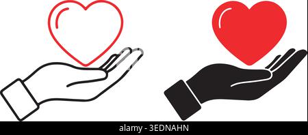 Minimalist hand icons cupping heart shapes representing love and compassion. Black and white outline and solid silhouettes for health care and kindnes Stock Vector