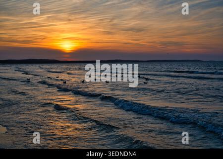 Sunset Over Calm Sea With Seagulls and Rolling Waves Along Sandy Shoreline - The seaside town of Świnoujście. Stock Photo