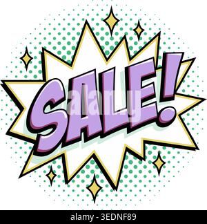 Comic sale starburst sticker with purple bold lettering on white burst shape, green halftone background and small sparkle stars in retro pop art Stock Vector