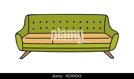 Green sofa with tufted back and wooden legs Stock Vector