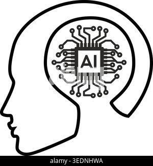 Head symbol with microchip instead of brain. Vector line illustration for AI identity, futuristic technology, cybernetic concepts. Stock Vector