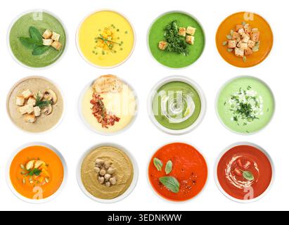Different tasty soups in bowls isolated on white, collage. Top view Stock Photo