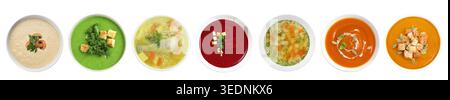Different tasty soups in bowls isolated on white, set. Top view Stock Photo