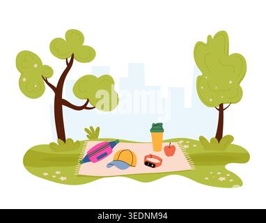 Break during workout in city garden. Exercise mat with sports equipment. Flat vector illustration for urban fitness, healthy break Stock Vector