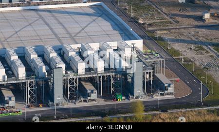 Aerial view of the Google GRQ data center featuring cooling units and industrial infrastructure in Eemshaven, Groningen, Netherlands. Stock Photo