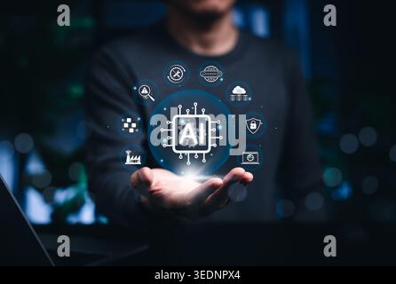 AI automation platform and smart technology integration concept. Person holding artificial intelligence chip with icons for cloud, security, analytics Stock Photo