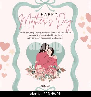 Happy Mother's Day cards. Hand drawn whimsical frame with coquette bows, hearts and flowers bouquet Vector greeting note Perfect for poster, banner Stock Vector