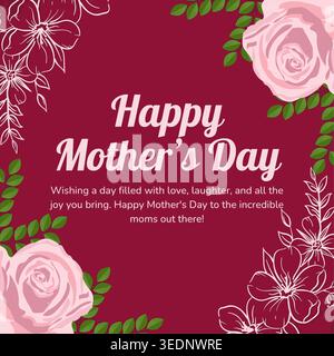 Mother's Day greeting card. Trendy posters, web banners, covers with leaves, roses bouquet. Hand drawn Floral art templates for Womens Day message Stock Vector