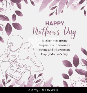 Mother's day design in modern line art style. Abstract background with hand drawn purple spring flowers in pastel color trendy text on grey. post, web Stock Vector