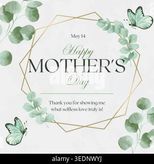 Mother's day invitation card with golden frame on mint green background. Leaves, flowers, butterfly, Beautiful wreath botanical calligraphy poster Stock Vector