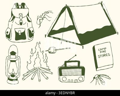 Hand Drawn Camping Essentials Whimsical Doodle Vector Collection, Outdoor Adventure Line Art Elements Stock Vector