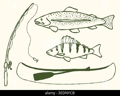 Hand Drawn Fishing Adventure Collection, Outdoor Wilderness Line Art Illustration, Whimsical Vector Doodle Stock Vector