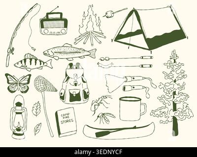 Hand Drawn Vector Camping Collection, Outdoor Adventure Elements, Wilderness Line Art Illustration, Whimsical Doodle Stock Vector