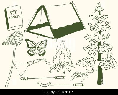 Hand Drawn Forest Camping Collection, Wilderness Adventure Outdoor Line Art, Whimsical Vector Doodle Set Stock Vector