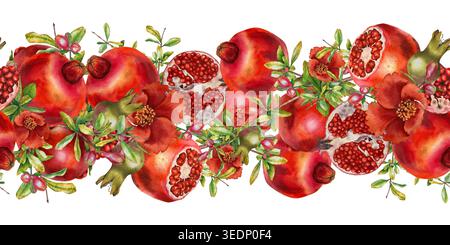 Watercolor seamless border with whole and cut pomegranates, green leaves, and pomegranate flowers. Illustration for packaging, fabric, wrapping paper, Stock Photo