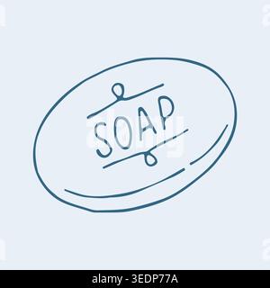 Hand drawn vector illustration of an oval bar of soap with SOAP text. Minimalist blue line art for bathroom hygiene, organic skincare and natural body Stock Vector