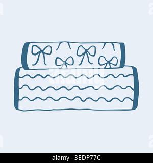 Hand drawn vector illustration of a stack of folded towels with patterns. Blue line art for bathroom comfort, spa, hotel service, and textile Stock Vector