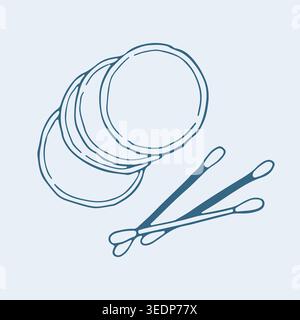 Hand drawn vector of cotton pads and swabs. Blue line art illustration of cosmetic hygiene tools for makeup removal, skincare, and medical ear care Stock Vector