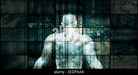 Technological Evolution Wireframe Human In Digital Matrix Stock Photo