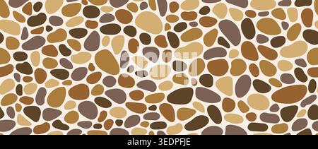 Brown pebble stone seamless pattern. Repeated smooth cobblestone background. Rounded stone sidewalk paved texture. Sea or river beach rock repeating wallpaper. Vector landscaping pavement backdrop Stock Vector