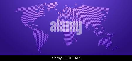 Purple glowing lined world map concept. Abstract neon lines globe worldmap for poster, banner, brochure, booklet, presentation. Curve linear continent infographics wallpaper. Vector illustration Stock Vector