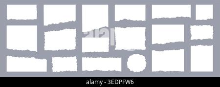 Paper frame rip collage set. Hand drawn paper frame rip cut tear white sheet texture edge. Torn vintage scrap note picture label memo scrapbook grunge background. Vector Stock Vector