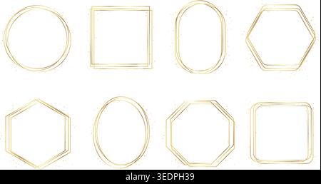 Elegant gold geometric frames set with thin luxury lines and subtle glitter accents. Collection includes circle, square, oval, hexagon and octagon sha Stock Vector