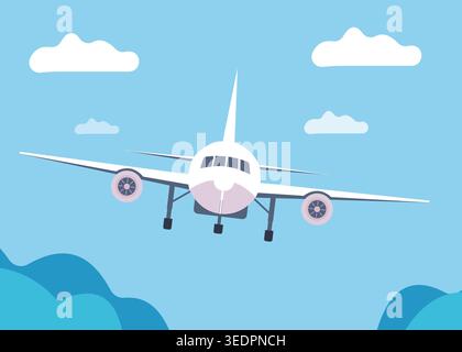 Flat illustration of an airplane descending for landing with clouds and landscape, representing aviation, travel, transportation, and journey concept. Stock Vector