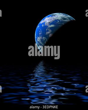 Dark, water and globe in universe with earth, liquid ripples and digital wallpaper for climate change. Abstract, space and planet with flood, global Stock Photo