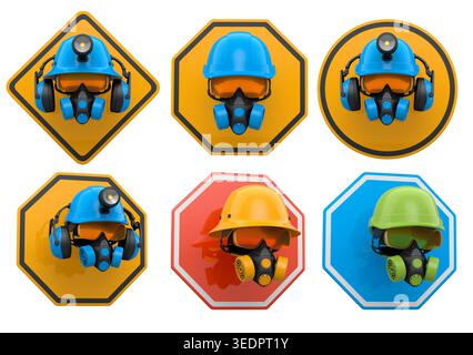 Safety helmets with goggles and respirators, shown on warning signs isolated on white background with clipping path, representing industrial safety co Stock Photo