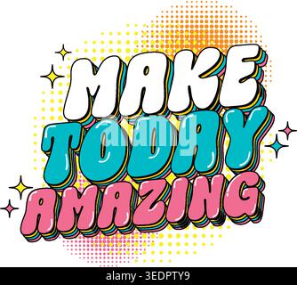 Colorful retro pop art typography with halftone patterns and sparkling stars on white background Stock Vector