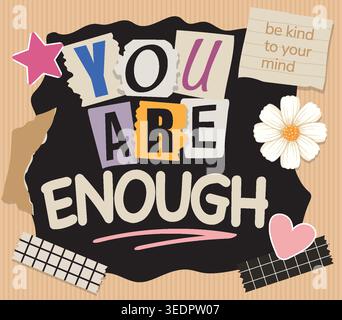 A colorful scrapbook style vector illustration with positive affirmations and decorative paper cutout elements Stock Vector