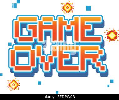 Eight bit pixelated text with vibrant orange gradients and blue shadows on a white background Stock Vector