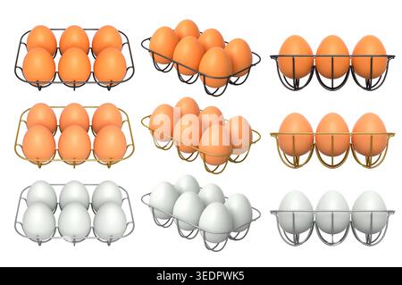 Metal trays filled with neatly stacked white and brown eggs, isolated on white transparent background. Stock Photo