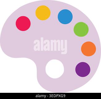 Simple illustration of a purple paint palette with a thumb hole and round colorful paint wells arranged around the edge. Stock Vector
