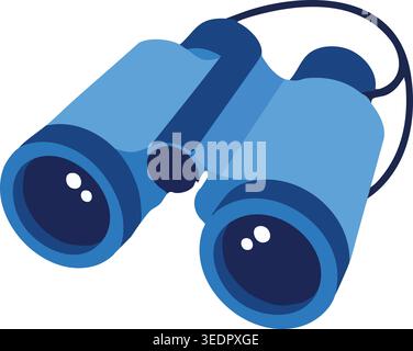 Simple illustration of blue binoculars with dark lenses and a curved strap for carrying. Stock Vector