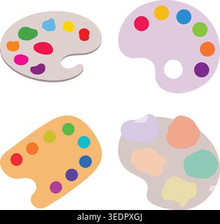 A colorful flat illustration set featuring four artist paint palettes in different shapes and styles Stock Vector