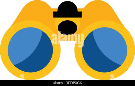 Simple illustration of yellow binoculars with blue glass lenses and a small black focus knob at the top. Stock Vector