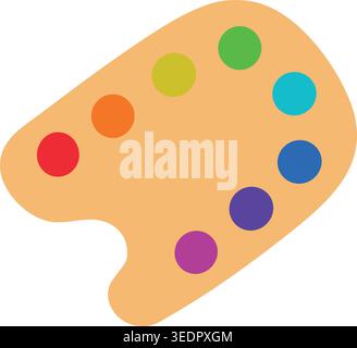 Simple illustration of a wooden paint palette with a thumb hole and bright circular paint colors across the surface. Stock Vector