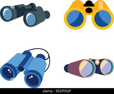 A flat illustration set featuring four binoculars in different colors and styles Stock Vector