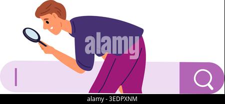Young man with magnifying glass looks at browser, search bar. Candidates recruitment. Info online find. Digital analysis. Vector concept of searching Stock Vector